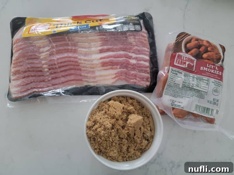 Three core ingredients for bacon wrapped little smokies: a package of bacon, a bag of mini smoked sausages, and a bowl of brown sugar.