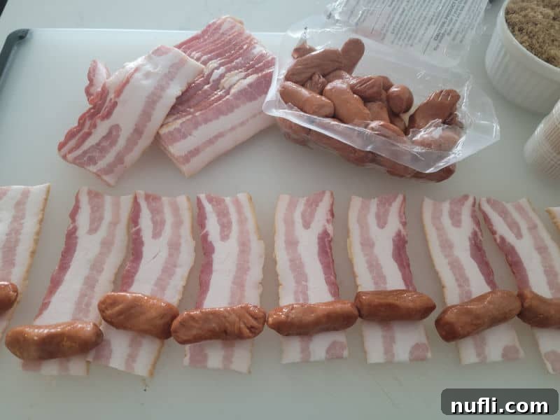Bacon slices are cut into smaller pieces next to a bowl of lit'l smokies, preparing for bacon wrapping.