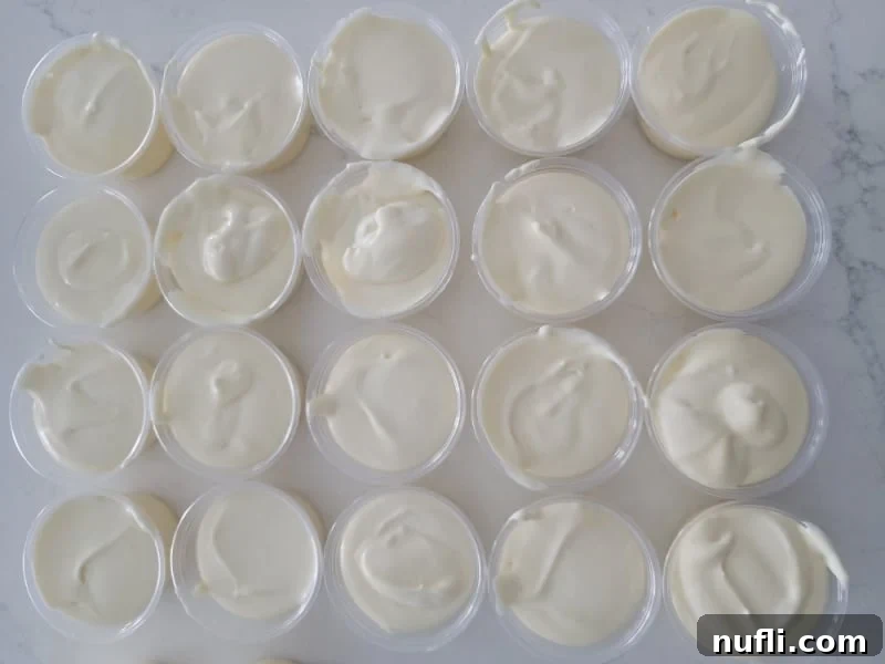 A row of clear plastic shot cups filled with RumChata Pudding Shots, ready for chilling.