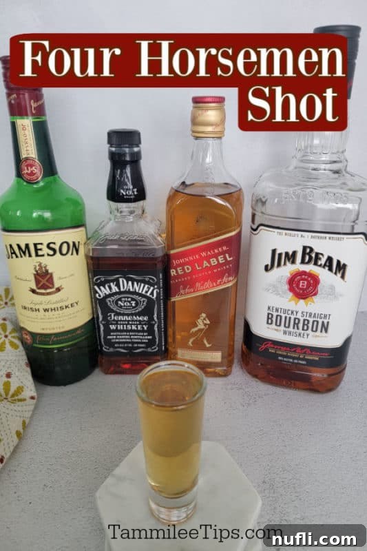 Four Horseman Shot over a filled shot glass and irish whiskey, tennessee whiskey, johnnie walker, and jim beam bottles