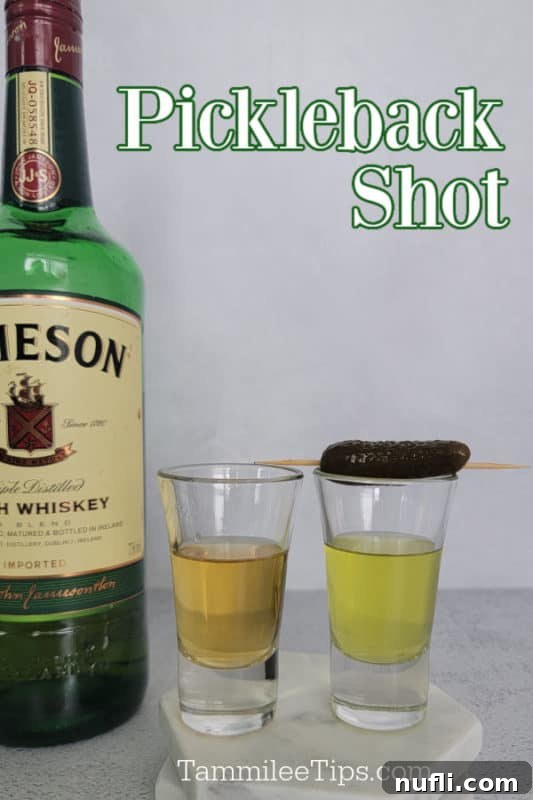Pickleback Shot text written next to a bottle of Jameson Irish Whiskey, a shot of pickle juice and a shot of Jameson
