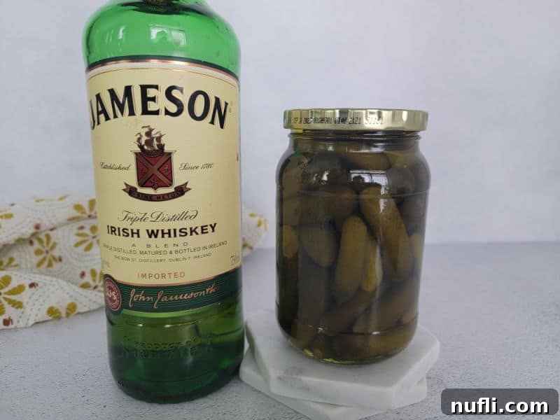 Pickleback Shot ingredients, Jameson Irish Whiskey, Pickles and Pickle Juice