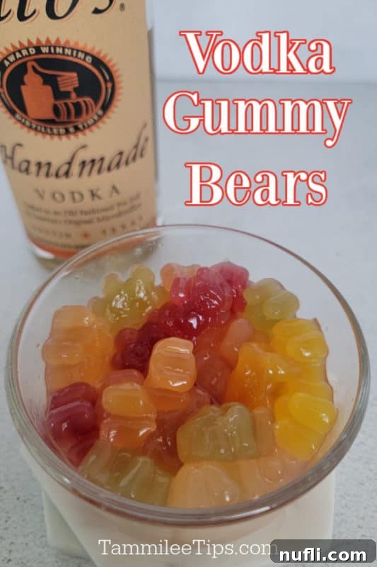 Tipsy Teddies 2 Vodka Gummy Bears over a glass bowl with gummy bears and a bottle of Tito's Vodka