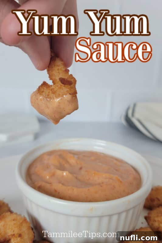Effortless Homemade Yum Yum Sauce 2 Yum Yum Sauce text written over a hand dipping a fried shrimp in a bowl of homemade yum yum sauce