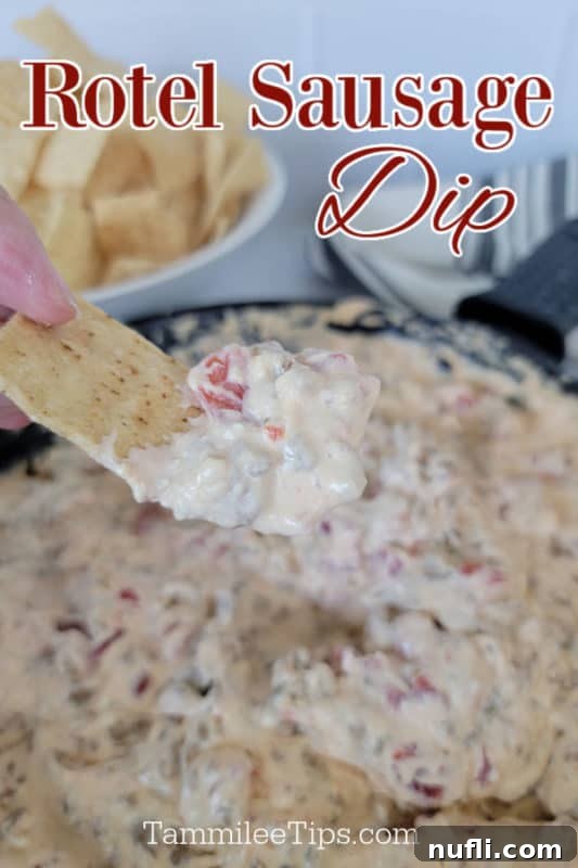 Rotel sausage dip text over a hand dipping a tortilla strip into dip in a cast iron skillet