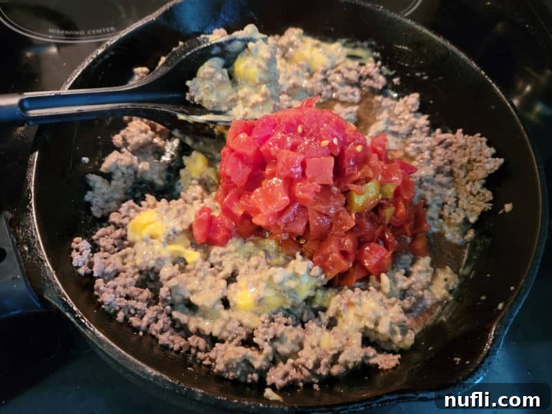 The Easiest 3-Ingredient Velveeta Rotel Ground Beef Dip 6 A can of diced tomatoes and green chilies (Rotel) poured over the Velveeta cheese and ground beef in a cast iron skillet.