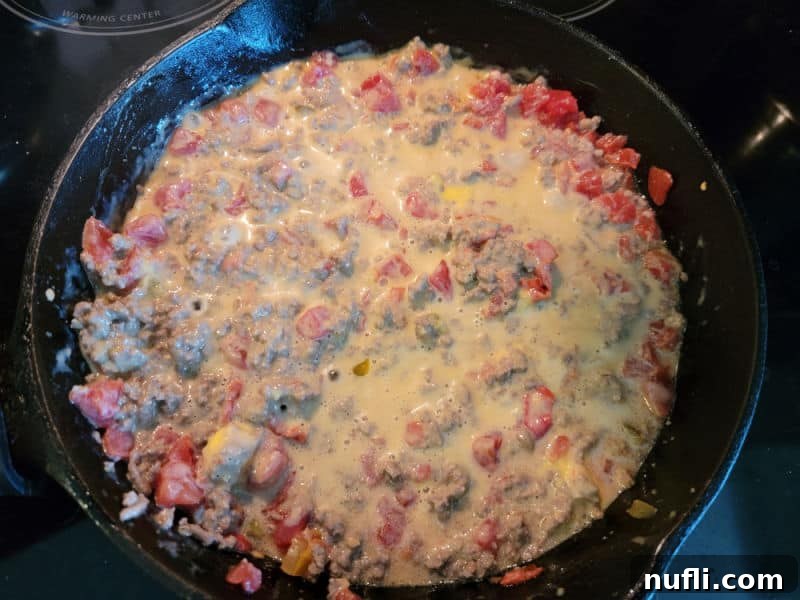 The Easiest 3-Ingredient Velveeta Rotel Ground Beef Dip 7 The fully melted and mixed Velveeta Rotel Dip with ground beef, vibrant and creamy, filling a cast iron skillet.