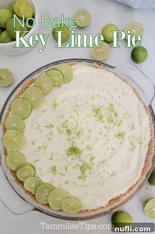 Cool & Creamy Key Lime Pie 2 no bake key lime pie text over a glass pie pan with key limes surrounding a pie