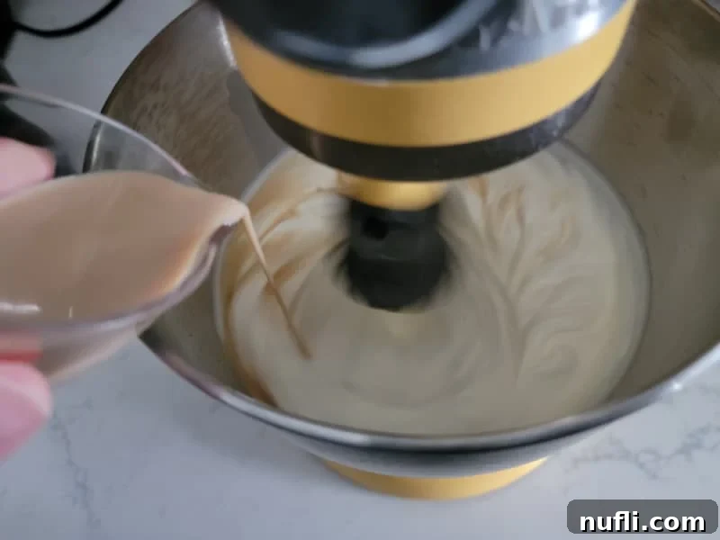 Bailey's pouring into a mixing bowl while it spins