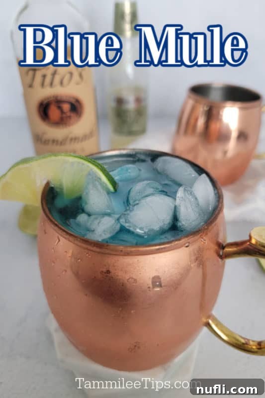 Blue Mule text over a copper mug with blue liquid and a lime wedge