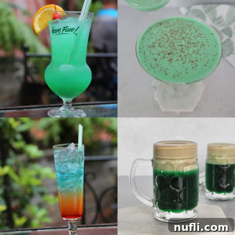 St Patrick's Day Sips & Shots 2 A vibrant collage showcasing four festive St. Patrick's Day Drinks, including bright green cocktails, refreshing rainbow concoctions, and unique Irish-themed beverages, perfect for any celebration.