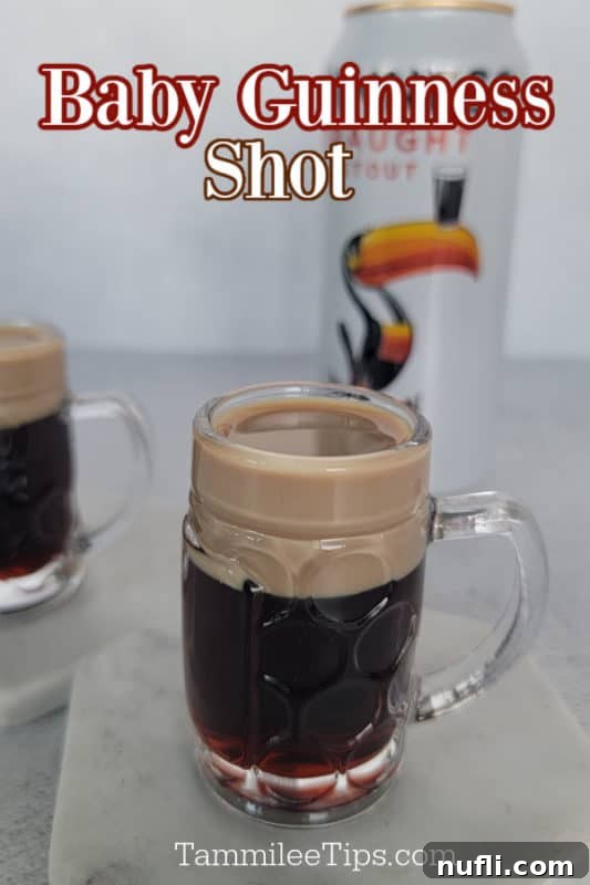 Baby Guinness Shot text over a small mini beer glass with a cocktail shot