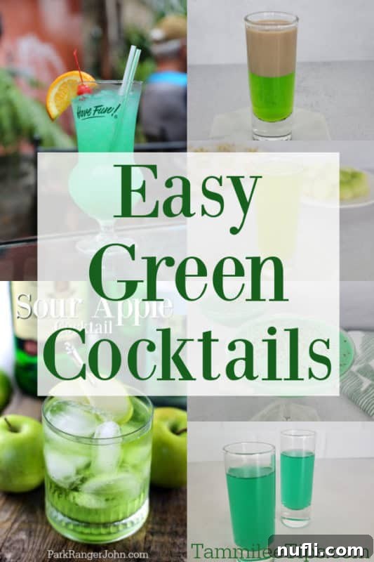 Easy green cocktails text in the middle of a collage of green drinks. 