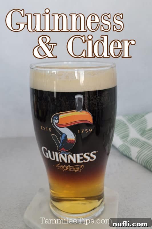 Guinness & Cider text over a glass of Guinness with a toucan on it