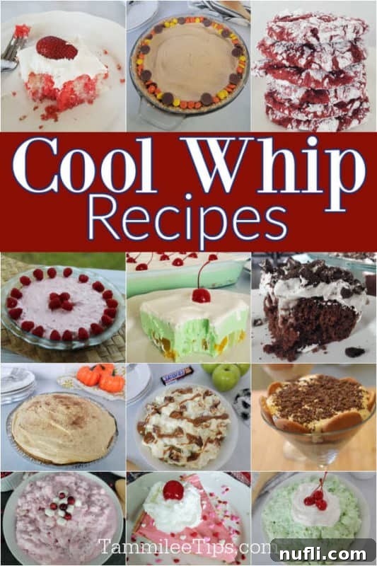 Cool Whip Recipes text in a collage of cool whip pies, salads, cakes, and recipes