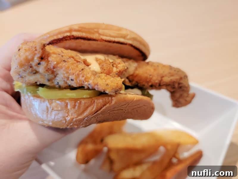 Hand holding a chicken sandwich with pickle and Shaq sauce over a bowl of fries