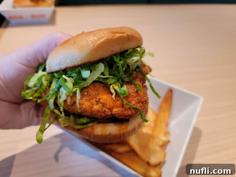Hand holding a chicken sandwich on a bun over a bowl of French fries