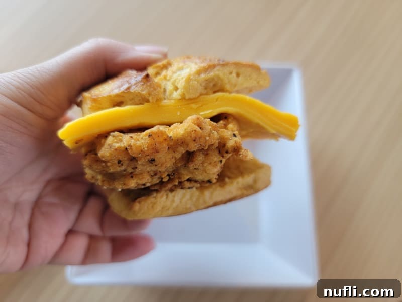 hand holding a biscuit with cheese and chicken