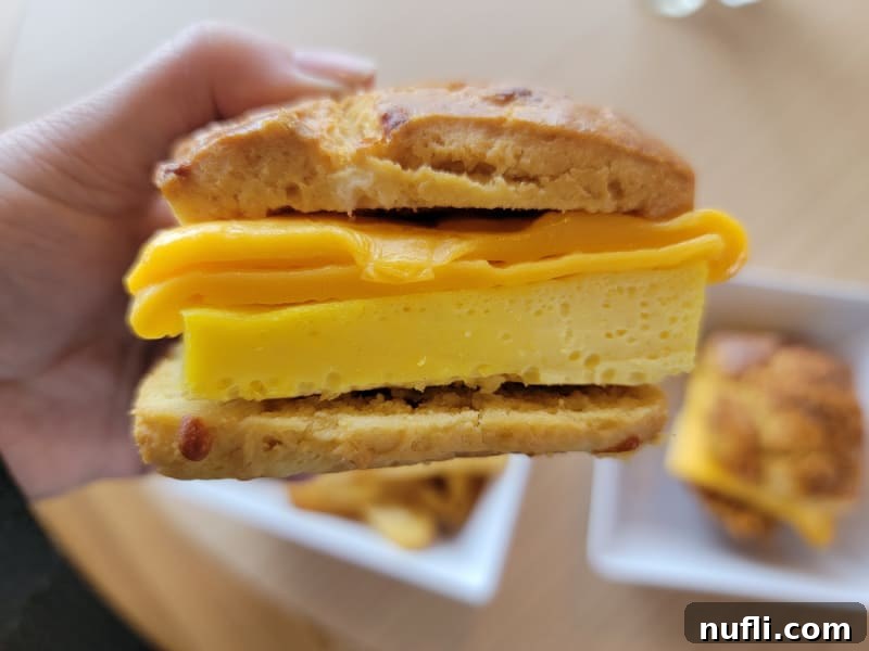 Hand holding a biscuit with cheese and egg over two plates