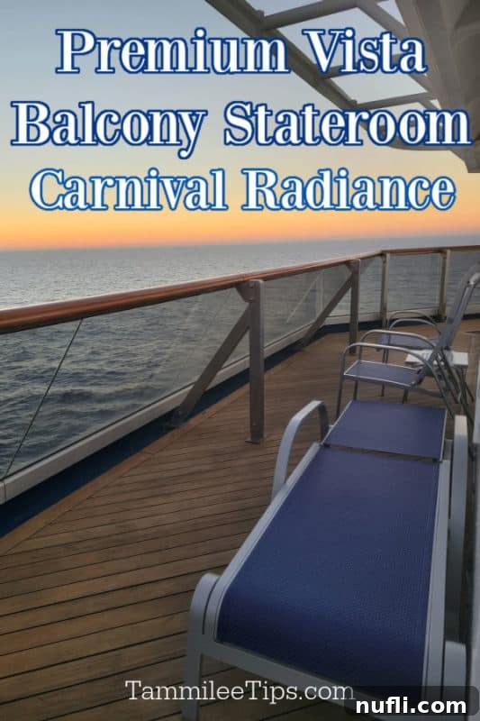 Premium Vista Balcony Stateroom on Carnival Radiance with lounge chairs overlooking a sunset ocean view, ideal for relaxation
