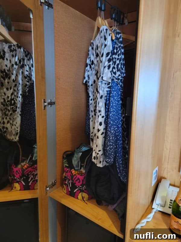 Shirts hanging neatly in a cruise cabin closet, with a phone visible nearby, showcasing the unique storage layout