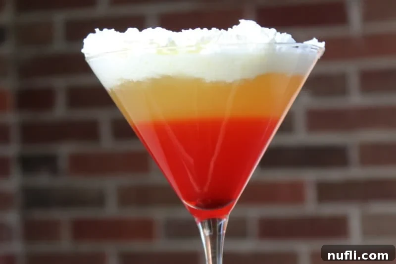 The Art of Grenadine Cocktails 9 A festive Halloween Candy Corn Cocktail in a martini glass against a brick background.