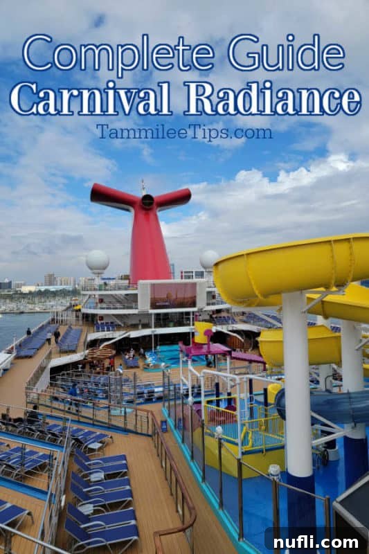 Complete guide to Carnival Radiance over the pool deck with waterslide, deck chairs, and Carnival Funnel