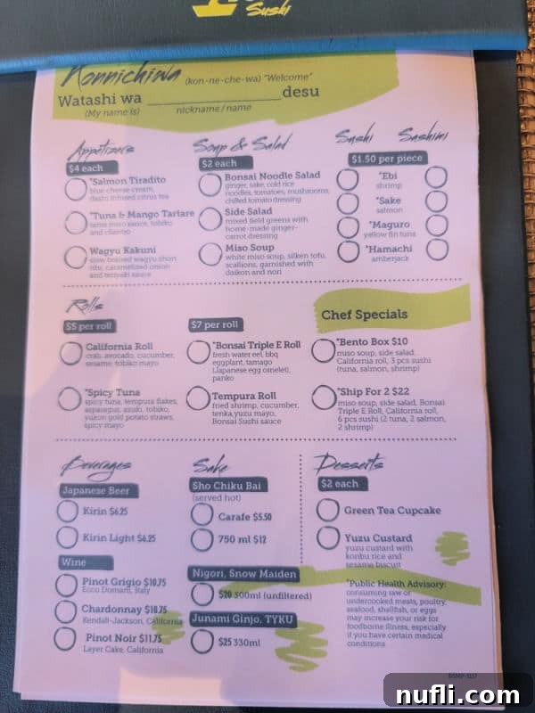 Bonsai Sushi menu