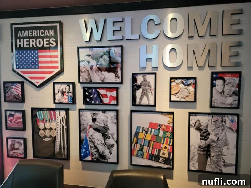American Heroes welcome home sign over military photos