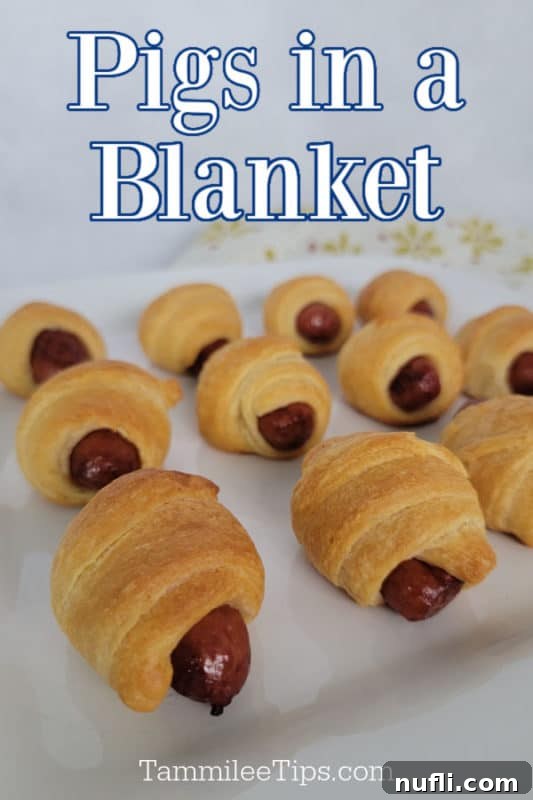 Petite Sausage Parcels 2 Pigs in a blanket over sausages wrapped in dough lined on a white platter