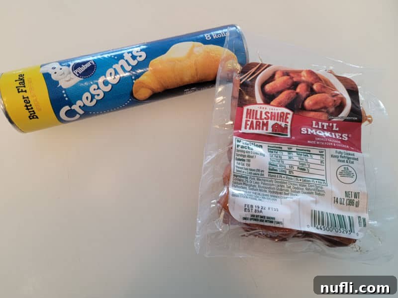 Petite Sausage Parcels 3 Crescent dough package and Hillshire Farm Lit'l Smokies package
