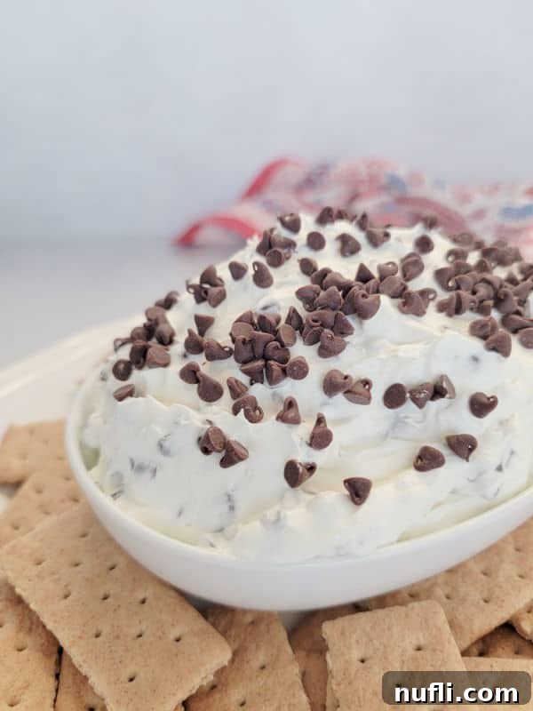 Booty dip with mini chocolate chips in a white bowl surrounded by graham crackers