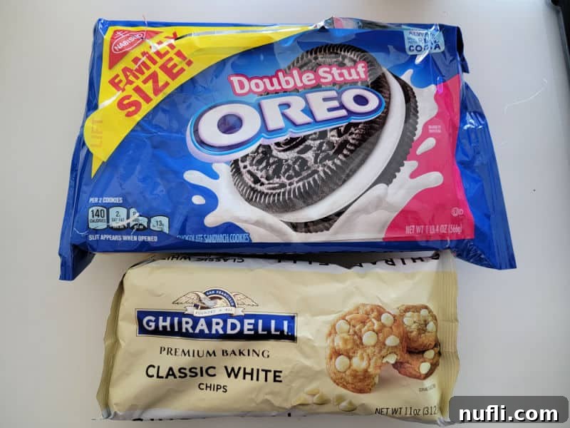 Effortless Two-Ingredient Oreo Bark 3 Packages of Double Stuff Oreo cookies and Ghirardelli white chocolate chips, the two key ingredients for Oreo bark.