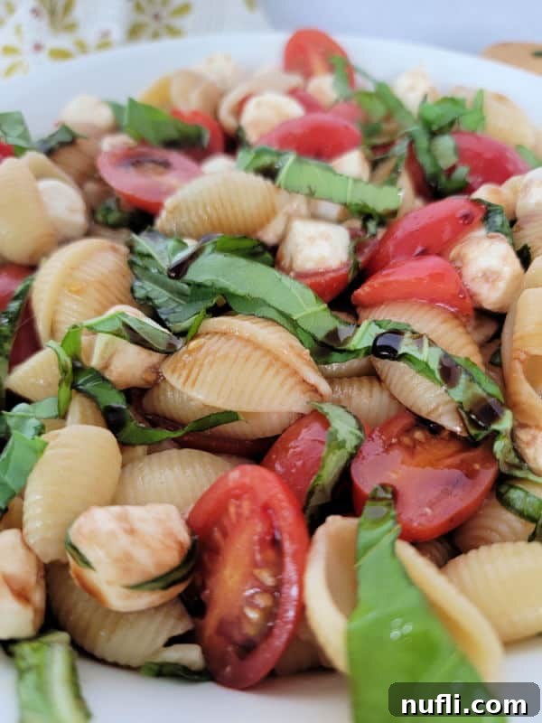 Vibrant Italian Pasta Salad 6 White bowl filled with Caprese pasta salad, featuring pasta shells, halved cherry tomatoes, and fresh basil leaves, ready to be served.