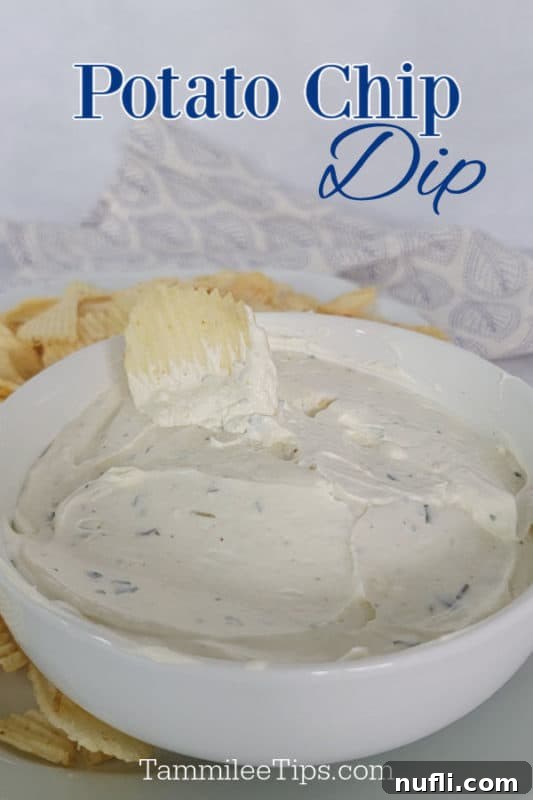 Quick 3-Ingredient Potato Chip Dip 2 Potato Chip Dip over a white bowl filled with dip and a potato chip sitting on a plate with potato chips