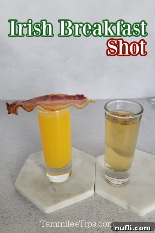 Irish breakfast shot text over two shot glasses, one topped with a slice of bacon