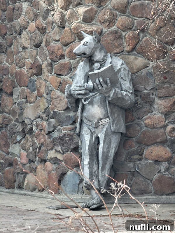 Kitt Coyote statue leaning against a rock wall 