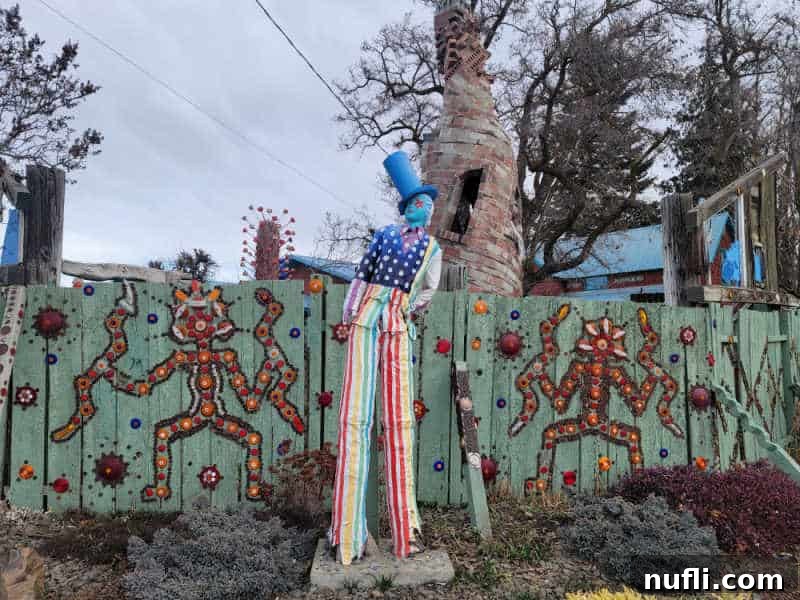 Tall female statue with rainbow pants, a blue hat, and star eyes next to a decorative fence. 