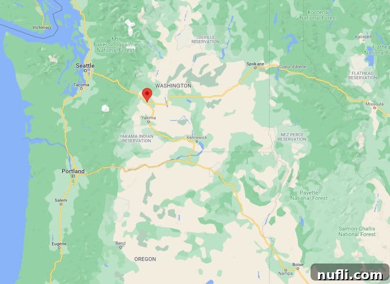 Map of Washington state showing a marker where Ellensburg is. 