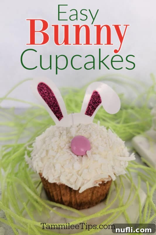 Hoppy Cupcake Delights 2 Delightful Easy Bunny Cupcakes, adorned with paper ears and a pink candy nose, sitting on a bed of vibrant edible green grass, perfect for spring and Easter celebrations.