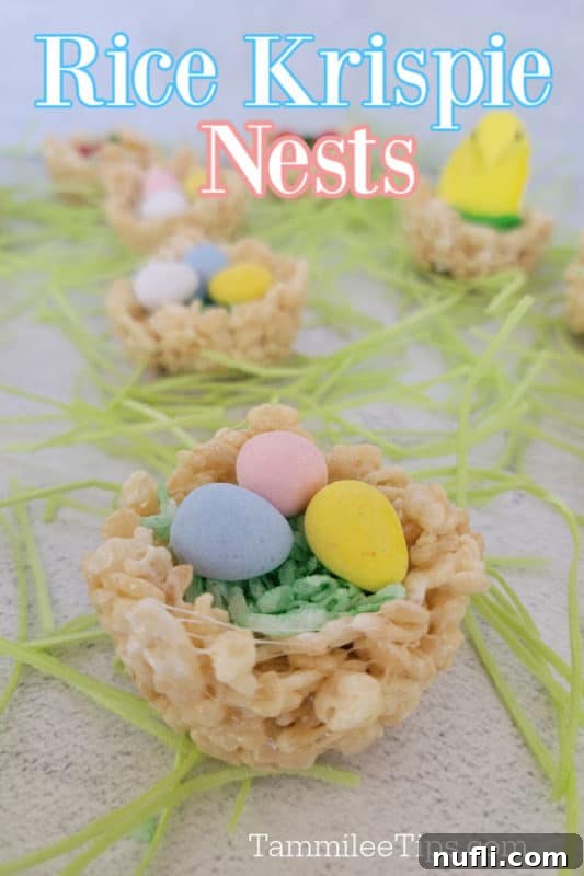 Rice Krispie nests over a nest with green coconut and easter chocolate eggs surrounded by easter grass