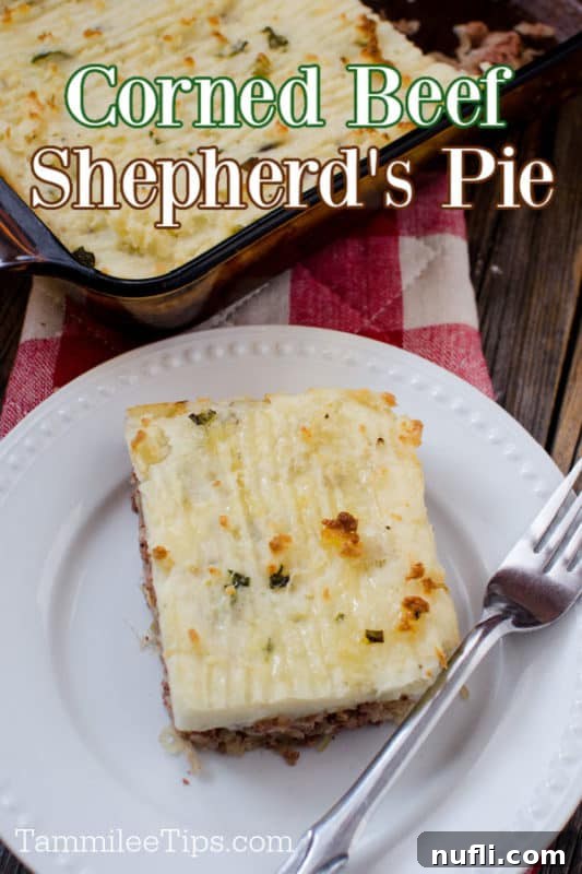 Hearty Corned Beef Shepherds Pie 2 Corned Beef Shepherds Pie over a white plate with a slice of shepherd's pie and a fork