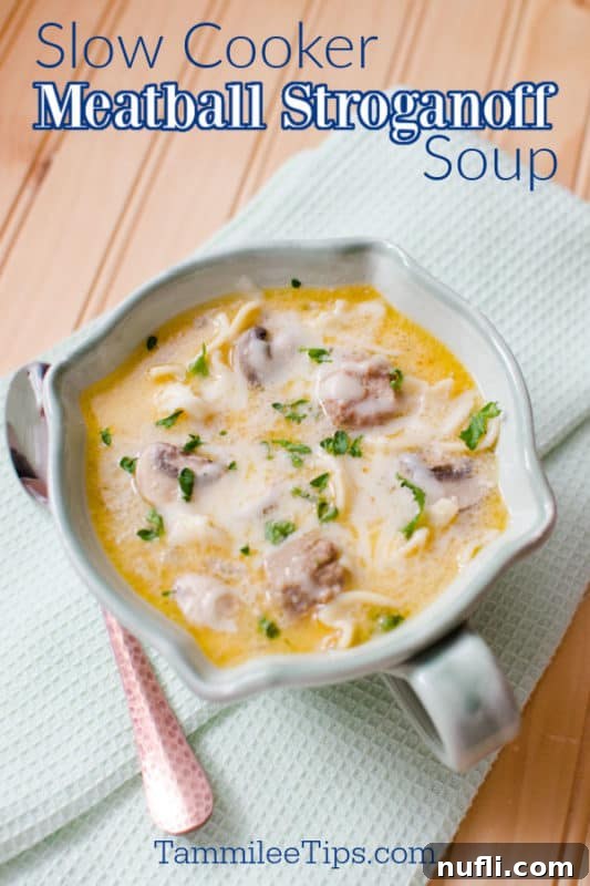Creamy Crockpot Meatball Stroganoff Soup 2 Slow cooker meatball stroganoff soup text over a white bowl with soup and a spoon