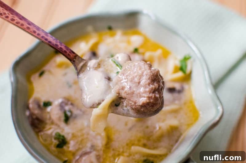Creamy Crockpot Meatball Stroganoff Soup 3 Spoon with a meatball and noodles held over a white bowl of soup