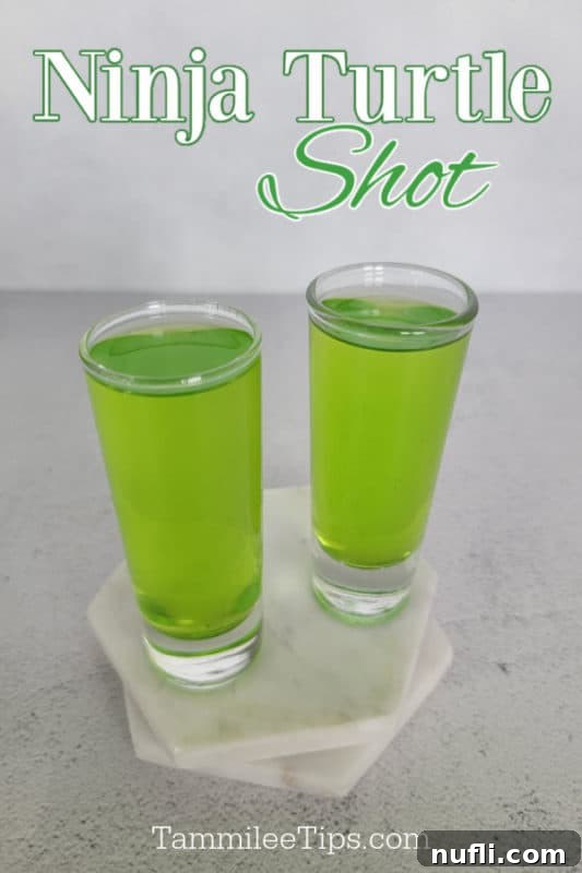 Ninja Turtle Shot text over two bright green shots on white marble coasters.