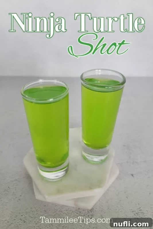 Ninja Turtle Shot text over two green shots on white marble coasters. 