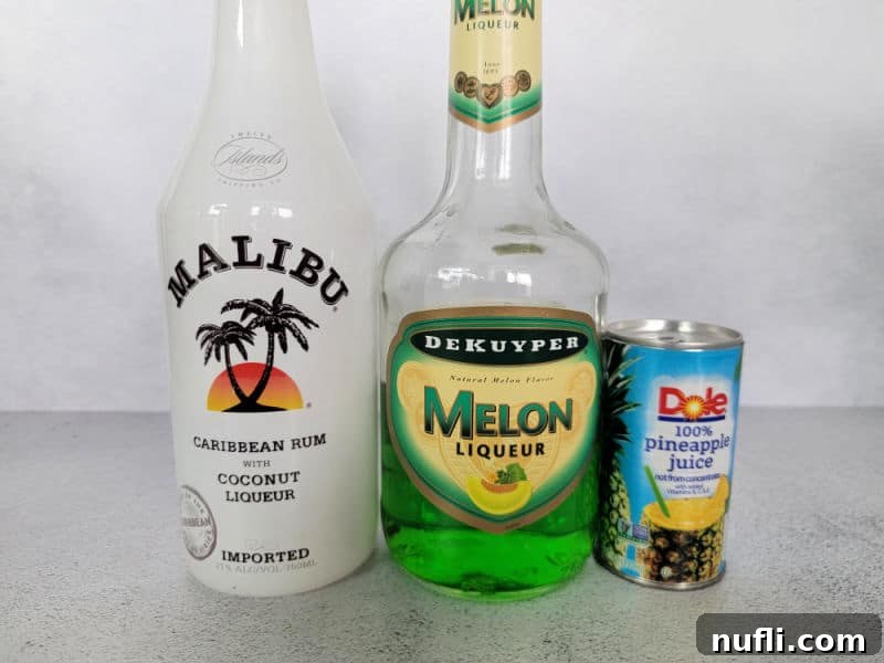 Bottle of Malibu, Bottle of melon Liqueur, and small can of Pineapple Juice