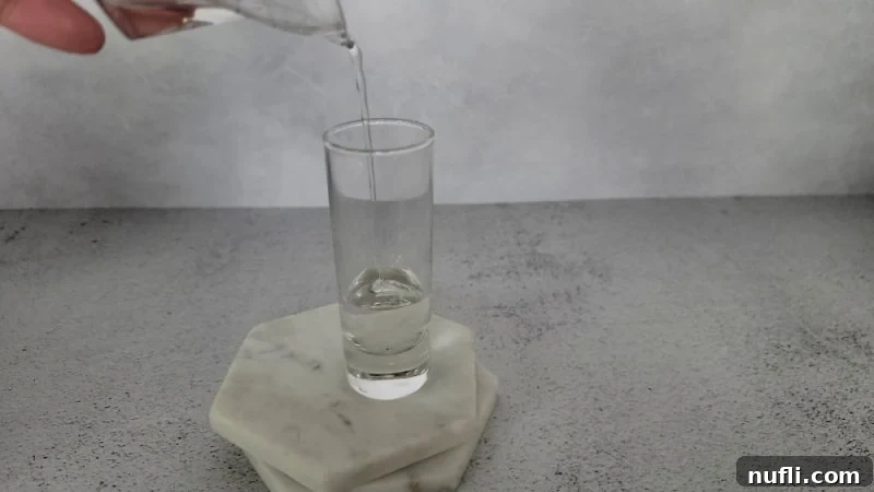 Hand pouring clear liquid into a shot glass. 