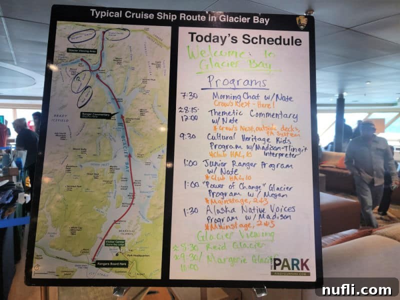 Today's schedule and map of Glacier Bay, providing essential information for cruise passengers.