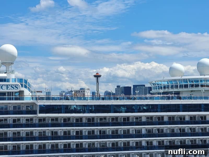 A stunning view from the ms Eurodam cruise ship, overlooking the iconic Space Needle in Seattle as the journey begins.